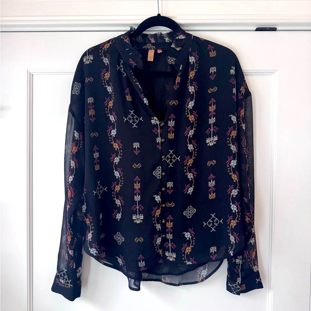 Anthropologie Pilcro Black Sheer Blouse with Multicolor Patterns